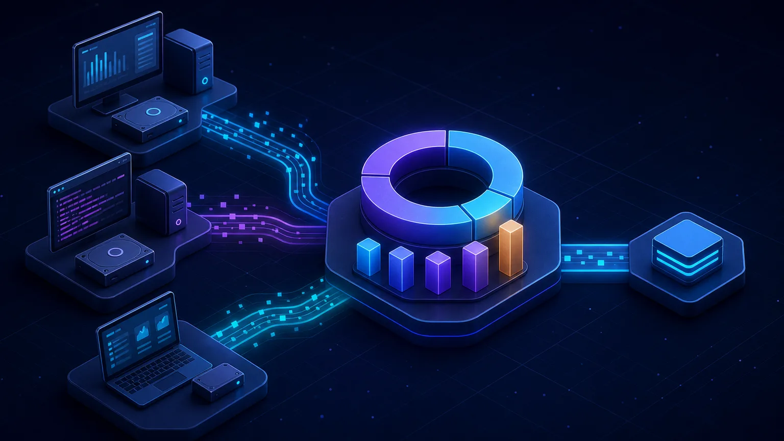 Three computer and storage environments feed capacity data into a shared used-and-free disk dashboard and structured output.