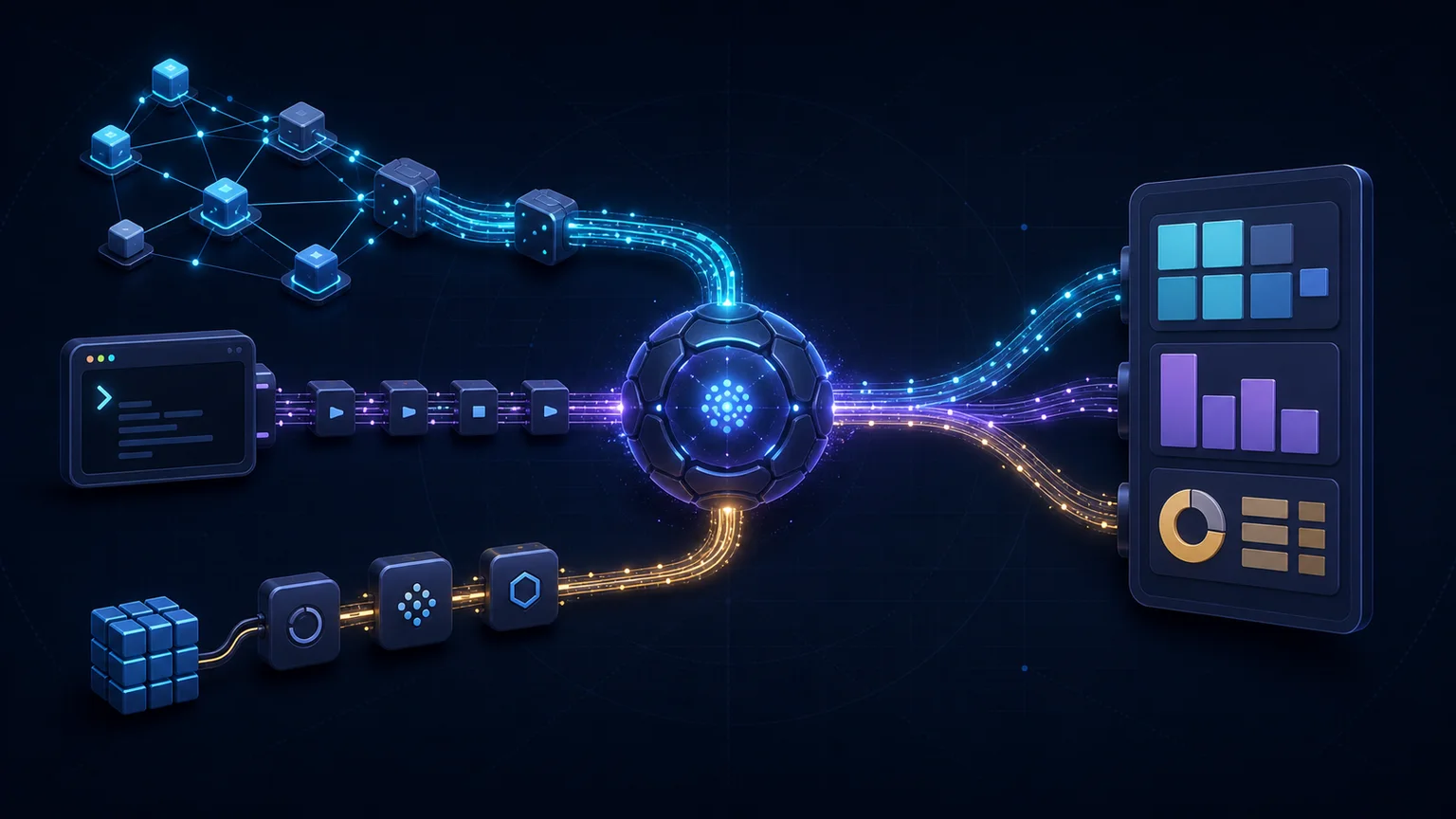 Tres rutas complementarias de integración para un protocolo de red, una herramienta de línea de comandos y una API convergen mediante un agente de IA en resultados estructurados.